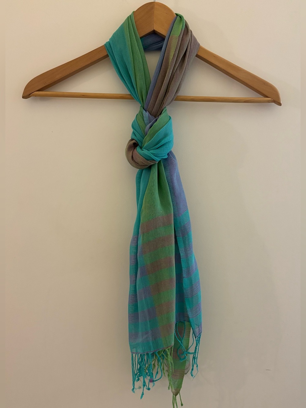Vintage Sheer Blue Green Striped Scarf Shawl Fringe 72”